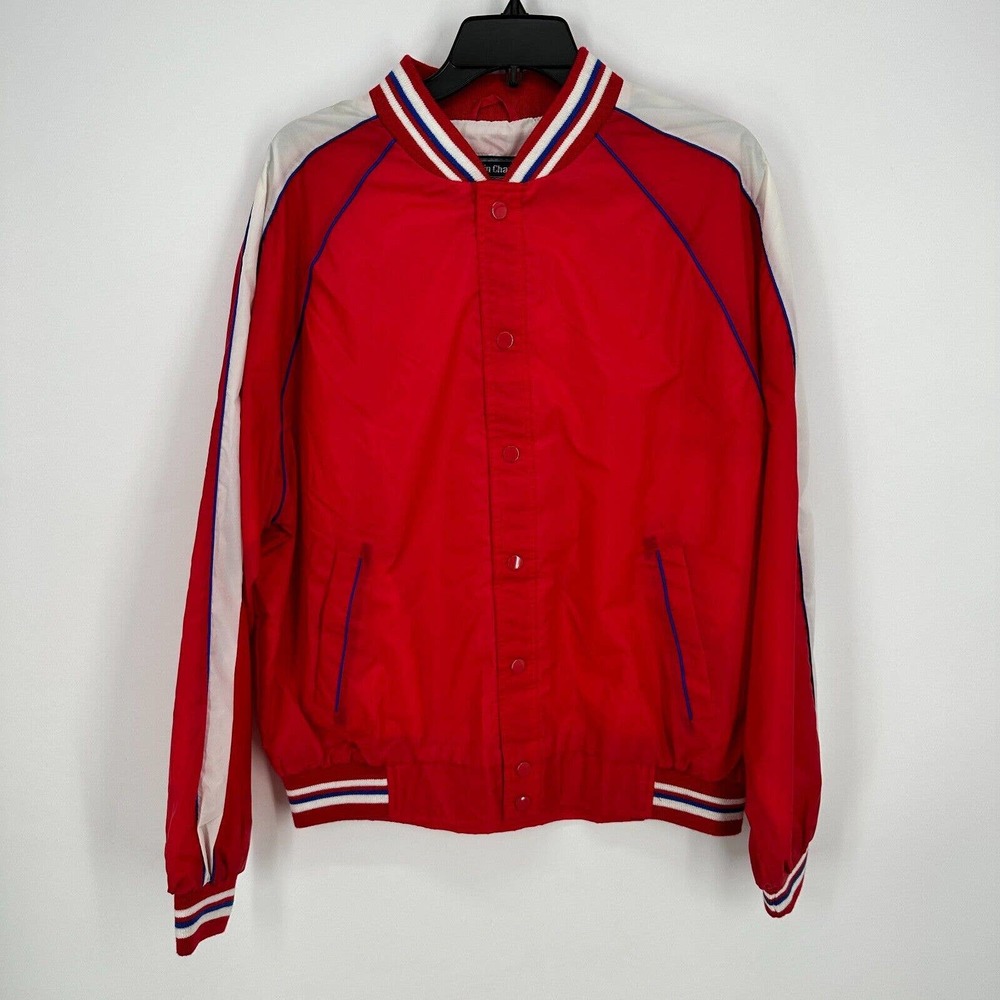 VINTAGE Calvin Charles Mens Varsity Jacket Red‎ Pockets Full Snap Men's Size XL